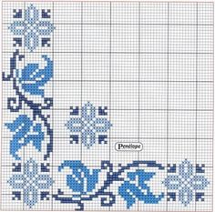 a cross stitch pattern with blue flowers on it