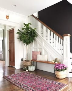 an entryway with a rug, potted plant and stairs