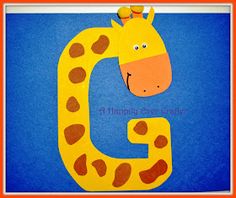 the letter g is for giraffe with an orange and yellow head on it