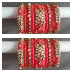 Hello lovely people, thank you for stopping by my shop.  Handmade!! colours can be customised!! Yes I'm posting another set of art silk thread bangles in red totally handmade! This is absolutely an stunning piece of art. It's loaded with kundan embellishments and to enhance the beauty, dotted metal bangles wrapped in red art silk thread are added. Each set consists of 13 bangles. You will receive total 26 bangles which is two sets.  Beautifully made to suit your attire and surely can make a brid Luxury Red Hand Set Bangle, Red Kundan Jewelry Set Gift, Red Kundan Sets For Gift, Red Zari Work Bracelet For Diwali, Red Bollywood Jewelry With Dori Work, Bollywood Style Red Jewelry With Dori Work, Festival Gift Bridal Sets With Zari Work, Red Bollywood Sets As Gift, Bollywood Style Red Sets As Gift