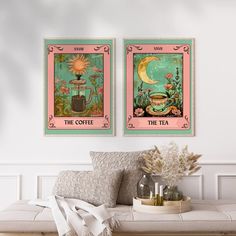 two posters on the wall above a bench in a room with pillows and vases