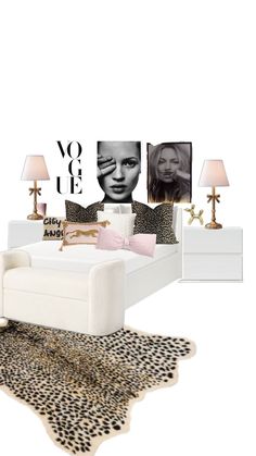 a living room filled with white furniture and pictures on the wall above it's headboard