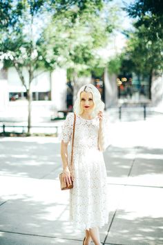 White Lace Midi Dress with Camel Faux Leather Satchel White Lace Midi Dress, Simple Wardrobe, Vegan Clothing, Professional Attire, Vegan Fashion, Lace Midi, Blogger Style, Lace Midi Dress, It Girl