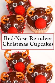 These gorgeous vanilla and chocolate Christmas red nose reindeer cupcakes make the perfect festive treat. Reindeer Christmas cupcakes look super cute and taste delicious too. This is such an easy and fun recipe to make and they are always a big hit with everyone we make them for. You'll find the full step by step recipe at love food feed just click the link for the printable recipe. Reindeer Cups, Candy Cane Reindeer, Red Nose Reindeer, Chocolate Christmas