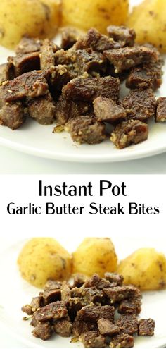 instant pot garlic butter steak bites recipe on a white plate with potatoes in the background