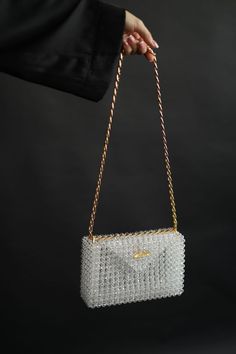 Elegant Beaded Rectangular Evening Bag, Glamorous White Bags For Formal Occasions, Glamorous White Formal Bags, Clear Clutch Bag As Gift, Clear Rectangular Shoulder Bag For Evening, Silver Bag With Pearl Embroidery For Evening, Elegant Clear Square Bag, Elegant Clear Rectangular Clutch, Elegant Rectangular Clear Clutch