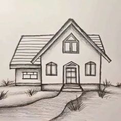 a pencil drawing of a house on a hill