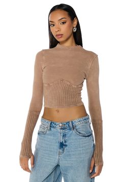 WILLOW CORSET LONG SLEEVE TEE IN LIGHT BROWN – AKIRA Bad Barbie, Relaxed Trousers, Chunky Sneakers, Long Sleeve Tee, Light Brown, Mock Neck, Ribbed Knit, Bodice, Long Sleeve Tees