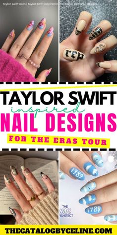 Get inspired by these stunning Taylor Swift nails perfect for the Eras Tour 2024! Discover nail designs inspired by Taylor Swift's albums, from her debut to her latest release. Whether you love glittery gold nails, bold black nails, or dreamy pastel nails, we have the perfect Taylor Swift nails for you. Create beautiful nail art with Taylor Swift-inspired nail designs that will make you stand out at the concert. Find your favorite Taylor Swift nail designs and show off your Taylor Swift nails with pride. Perfect for Swifties who love creative and stylish nail art. Dive into our guide and get ready to rock your Taylor Swift-inspired nails! Taylor Swift Inspired Nail Designs for the Eras Tour 2024 | taylor swift nails | eras tour nails Nail Ideas For Eras Tour, Taylor Swift Eras Nail Art, Taylor Swift Pedicure, Taylor Swift Red Album Nails, Taylor Swift Midnights Era Nails, 1989 Era Nails, Taylor Swift Nail Ideas Midnights, Eras Tour Inspired Nails, Red Era Nails Taylor Swift