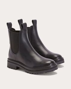 The Lug Chelsea Boot Black – Everlane Casual Chunky Leather Boots, Casual Leather Moto Boots With Chunky Platform, Chunky Leather Chelsea Boots With Round Toe, Modern High-top Chelsea Boots With Lug Sole, Trendy Leather Combat Boots With Lug Sole, Edgy Chunky Leather Moto Boots, Edgy Leather Platform Boots With Lug Sole, Edgy Lug Sole Workwear Boots, Edgy Lug Sole Boots For Workwear