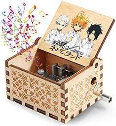 a wooden music box with an image of two anime characters on it and musical notes coming out of the lid