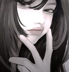 a black and white drawing of a woman making the v sign with her hand while looking at the camera