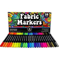 a box of 24 different colored markers with the words fabric markers on it and an assortment of