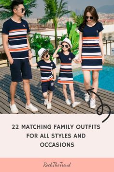 Family of four wearing matching navy and white striped outfits by the poolside. Family Unit, Coordinating Outfits, Evening Attire