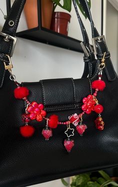 You don't need a new bag, you just need to charm! I created these chains to freshen up your old and new accessories, to personalize them and make them more unique to you!  Chain Length approx: 12" + 5 handmade charms Colors: red, gold, silver Materials, Metal, handcrafted beads, plastic beads Collection: Strawberry Dew  Bag chains are not meant to hold weight but to decorate your accessories Bags With Beads, Strawberry Bag