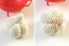 two pictures of balls and a pot on a white surface, one is crocheted the other is knitted