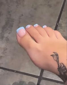 Blue Tip Pedicure, Pink And Blue French Tip Acrylic Nails, Blue Summer Toe Nails, Baby Blue French Tip Toes, Blue Acrylic Toe Nails, Baby Blue Pedicure Toes, Blue French Tip Pedicure, Gel X Toes, Blue French Tip Toe Nails