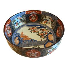 A Stunning Vintage Japanese Mino Ware Porcelain Bowl Decorated In Imari Style Temple Garden Pattern - This 8.25” footed bowl has a unique tipped in rim (an intentional indented shaped rim). It measures 3.25” tall.   It boasts vibrant shades of blue and orange with gold gilded details. Excellent vintage condition with minimal wear. A beautiful piece to add a touch of chinoiserie style to your home!  *This listing is for one bowl. The featured listing photo is showing two angles of the same bowl. Temple Gardens, Red Wing Pottery, Imari Porcelain, Lotus Bowls, Garden Pattern, Chinoiserie Style, Footed Bowl, Porcelain Bowl, Blue And Orange