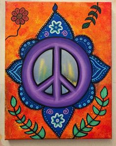 a painting of a purple peace sign on an orange and blue background with green leaves