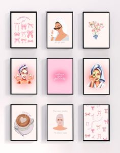 six framed pictures with different types of women's face and hair care products on them