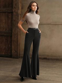 High-Waist Slim Fit Flare Pants With Belt, Casual Suit Trousers Black Casual   Woven Fabric Plain Flare Leg Medium Stretch  Women Clothing, size features are:Bust: ,Length: ,Sleeve Length: Pants With Belt, Lightweight Blazer, Traje Casual, Suit Trousers, Casual Suit, Trouser Suits, Slim Waist, Black Casual