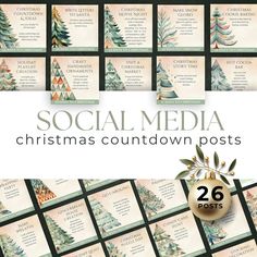 christmas tree themed postcards with the words social media christmas countdown posts