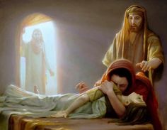 jesus and mary in bed with the light coming from behind them, painting by unknown artist