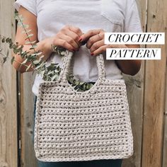 a woman holding a crochet bag with the words crochet pattern on it