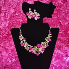 2 Pc Crystal Statement Necklace Set Pink Necklaces For Spring Wedding, Glamorous Pink Rhinestone Necklace For Party, Pink Crystal Rhinestone Necklace In Glamorous Style, Crystal Flower-shaped Necklaces For Parties, Elegant Pink Multi-stone Necklace, Silver Link Necklace, Multicolor Rhinestone Necklace With Jewels, Costume Jewelry, Sea Necklace, Crystal Statement Necklace