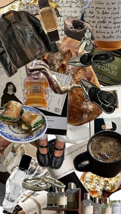 a collage of photos with food, drinks and other items on it including shoes