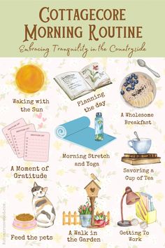 Discover the beauty of a peaceful morning routine in the countryside! From waking with the sun to savoring herbal tea and enjoying the garden, this cottagecore-inspired routine invites you to slow down and connect with nature. Get inspired to create your own tranquil mornings filled with gratitude, yoga, and wholesome breakfasts. 🌼🍃✨ Cottagecore Bohemian Aesthetic, Tea To Wake Up, Cottagecore Morning Routine, Hygge Morning Routine, Cottagecore Routine, Tea Garden Aesthetic, Slowing Down Aesthetic, Cottagecore Morning, Cottagecore Things To Do