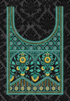 a black background with green and yellow designs on it's side, including an ornate design