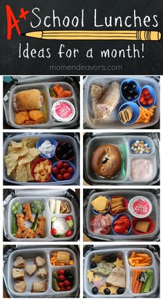 six pictures of different lunches in plastic containers with food inside each compartment and on the other side