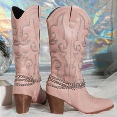 Western Boots Thick Heel Color: Pink Mexican Boots, Tory Burch Heels, Brown Block Heels, Boots Thick, Camo And Pink, Pink Boots, Leather Heeled Boots, Western Boots Women, Gold And Pink