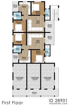 the first floor plan for a two story apartment with an attached bathroom and living room