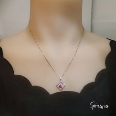 "Tiny square Red Ruby Gemstone Jewelry High Quality unique Artisan design full sterling silver made ◆◆Pendant Main stone:4*6mm created red ruby Pendant Height ( include bail) :22.5mm Pendant Holder (bezel & Bail) : 925 Sterling Silver Accent Stone: Sim Diamond ◆◆ Necklace chain : Platinum gold coated 925 sterling silver Box Chain with length option from 16\" ~20\". The model wearing the default size 18\". 16 inch ≈ 40cm 18 inch ≈ 45cm 20 inch ≈ 50cm ♥ Gemstone Reference Meaning Card included Square Gemstone Jewelry For Formal Occasions, Formal Square Gemstone Jewelry, Elegant Red Necklace With Square Pendant, Elegant Red Square Pendant Necklace, Red Gemstone Square Pendant Necklaces, Red Gemstone Necklace With Square Pendant, Red Gemstone Square Pendant Necklace, Elegant Red Necklace With Rectangular Pendant, Red Square Pendant Jewelry For Formal Occasions