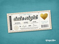 a ticket for a date night with a gold heart on the front and back side