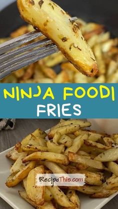 there is a plate with fries on it and the words ninja food fries above it