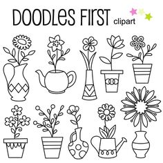 doodles first clipart with flowers in pots and watering can on the bottom right hand corner