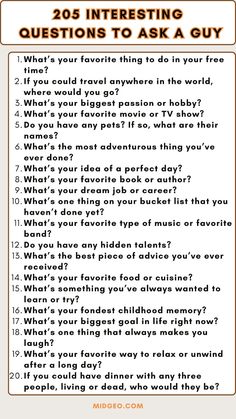 205 Interesting Questions to Ask a Guy Get to Know Him Better also have 25 Dirty Questions to Ask a Guy for Spicy Conversations. Take things up a notch with these daring and provocative questions designed to spice up your conversation. Asking questions is an excellent way to spark conversations and get to know someone better. Whether you're getting to know a new crush or deepening your connection with a longtime partner, asking the right questions can lead to meaningful and engaging conversations. In this article, we've compiled a list of 20 interesting questions specifically tailored for guys. From random and fun inquiries to deeper and more intimate discussions, these questions will help you learn more about him while having a great time. Interesting Questions To Ask, Dirty Questions To Ask, Dirty Questions, Funny Truth Or Dare, Questions To Ask A Guy, Deep Conversation Starters, Guy Friendship Quotes, New Crush, Questions To Get To Know Someone