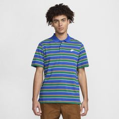 The classic polo design mixes knit pique fabric with a relaxed fit for laid-back comfort—with a collar. Blue Casual Polo Shirt With Ribbed Collar, Casual Blue Polo Shirt With Ribbed Collar, Casual Striped Polo Shirt For Golf, Casual Nike Golf Tops, Nike Cotton Short Sleeve Polo Shirt, Nike Casual Short Sleeve Polo Shirt, Casual Nike Cotton Polo Shirt, Relaxed Fit Casual Polo Shirt, Polo Design