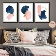 three paintings on the wall above a bed in a bedroom with pink and blue decor