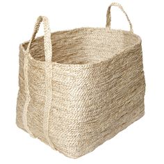 a large basket with handles on the front and sides, made out of jute