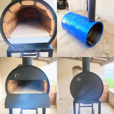 four different views of an outdoor wood burning oven with the top open and bottom closed