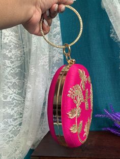 Fashion handbag / clutch . Gold plated hardwire. Crystal work. Velvet body and hand embroidery. Elegant Pink Shoulder Bag For Festive Occasions, Pink Shoulder Bag With Handwork For Party, Gold Embroidered Clutch As Gift, Pink Clutch With Handwork For Evening, Pink Embroidered Clutch Evening Bag, Pink Evening Clutch With Handwork Details, Pink Evening Clutch With Handwork, Pink Handwork Clutch For Evening, Gold Embroidered Clutch Evening Bag