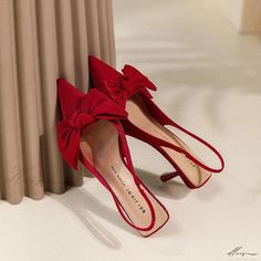 Elluis - Sophisticated Pointed Toe Stiletto Pumps Featuring Bow Detail, Ankle Strap, and Exquisite Craftsmanship - Ideal for Weddings, Formal Events, and Runway Fashion Point Shoes, Stiletto Pumps, Bow Detail, Formal Event, Runway Fashion, Ankle Strap, Pumps, Weddings, Red