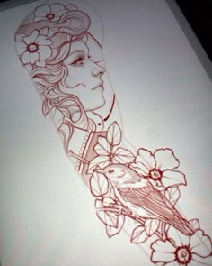 a drawing of a woman with flowers and a bird on her arm