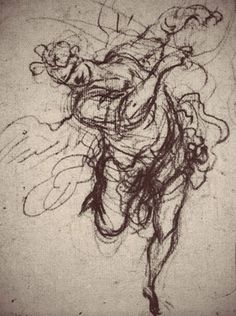 a black and white drawing of a man riding a horse with long hair on it's back