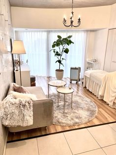 a living room filled with furniture and a rug on top of a hard wood floor