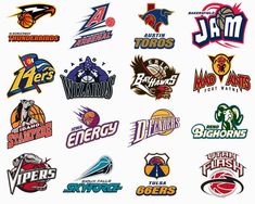 many different sports logos are shown in this image, including basketballs and other sports teams